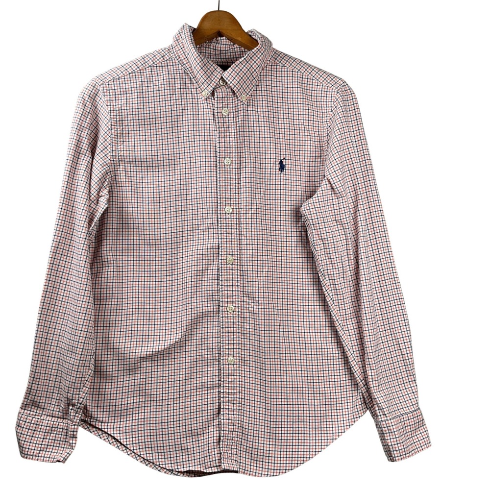 Ralph Lauren Button Down Shirt Boys Large 14-16 Orange Navy Tattersall Check